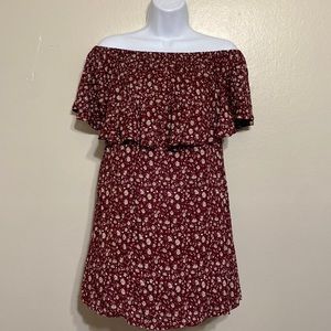 Reserve maroon short dress or blouse w/a floral print size medium off shoulder